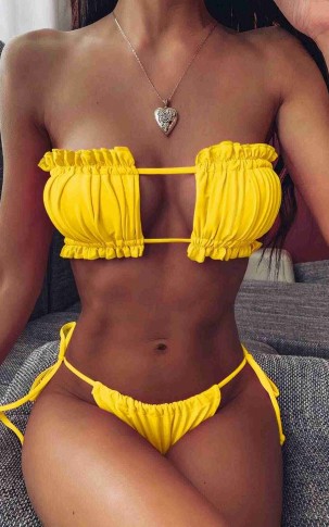 Angelsin Brezilya Model Büzgülü Bağlamalı Bikini Takım Sarı