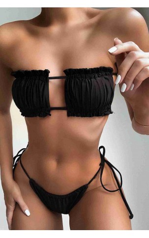 Angelsin Brezilya Model Büzgülü Bağlamalı Bikini Takım Siyah