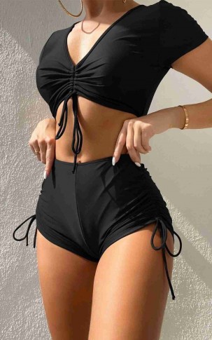 Angelsin Özel tasarım Yarım Kol Büzgü Detaylı Bikini Takım Siyah
