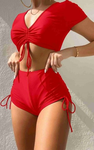 Angelsin Özel tasarım Yarım Kol Büzgü Detaylı Bikini Üstü Kırmızı