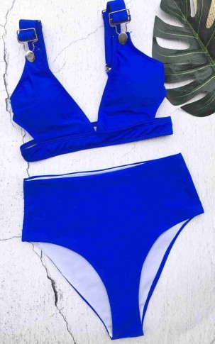 Angelsin Özel Tasarım Yüksek Bel Bikini Takım Mavi