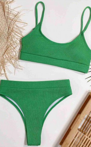 Angelsin Yüksek Bel Fitilli Kumaş Tankini Bikini Üstü Yeşil