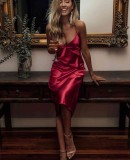 Merry See Sırt Dekolteli Uzun Saten Gecelik Elbise Kırmızı