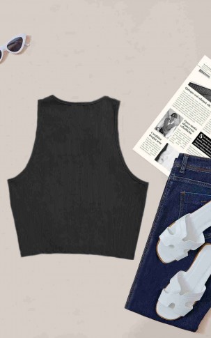 Merry See Tek Renk 1 Adet Kadın Kolsuz Örme Kumaş Bluz Crop Siyah